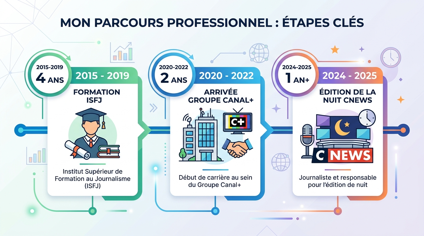 Frise chronologique parcours professionnel Maureen Vidal CNews