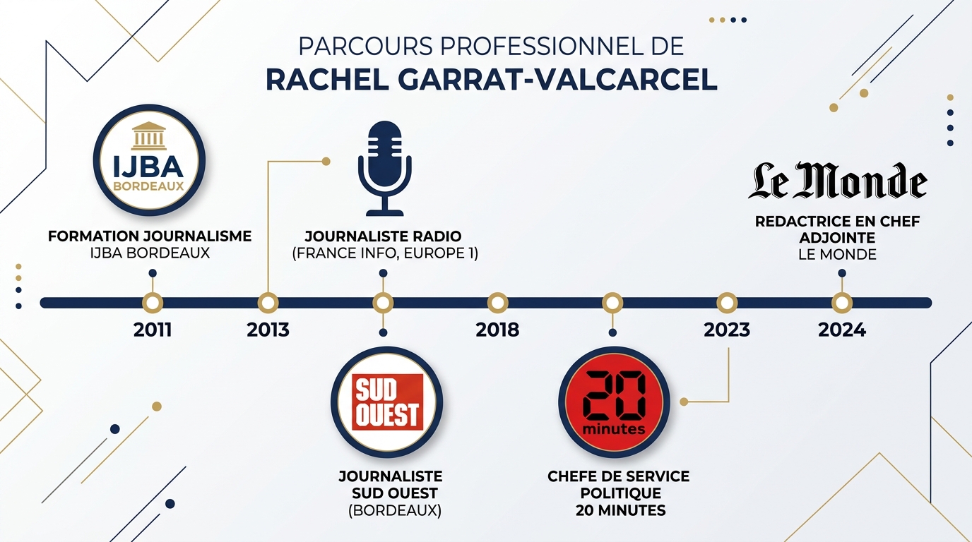 Frise chronologique parcours Rachel Garrat-Valcarcel de l'IJBA au Monde