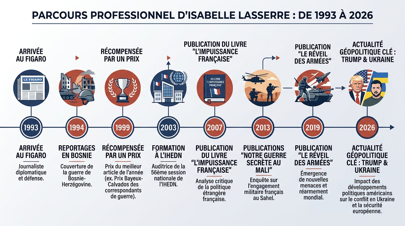 Frise chronologique du parcours d'Isabelle Lasserre 1993-2026