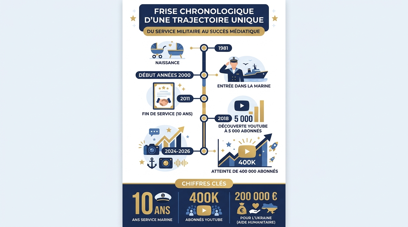 Frise chronologique Xavier Tytelman âge parcours militaire et YouTube
