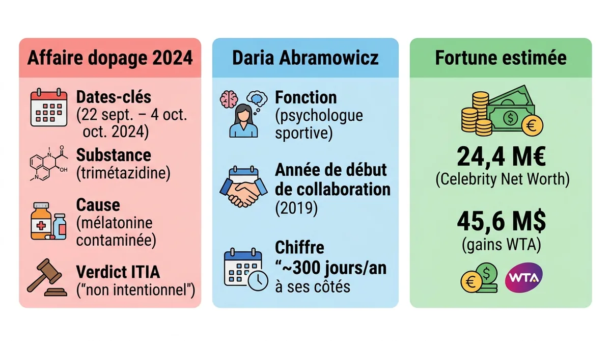 Infographie résumant l'affaire dopage, le rôle de Daria Abramowicz et la fortune d'Iga Swiatek