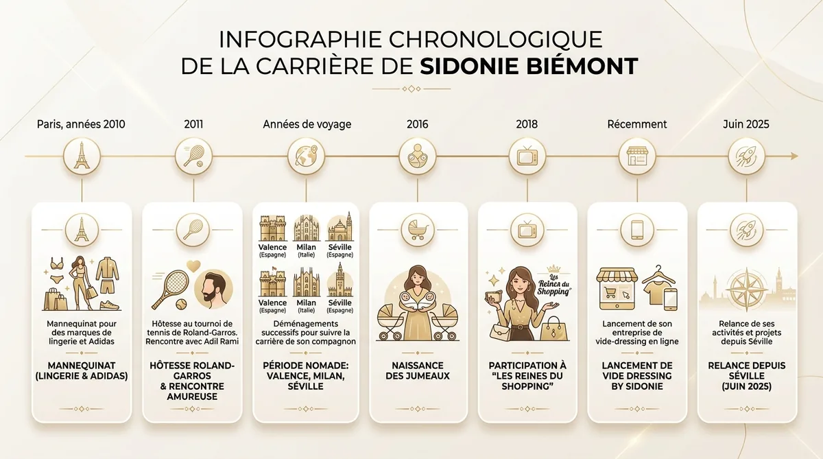 Frise chronologique de la carrière et vie de Sidonie Biémont, mannequin et entrepreneuse